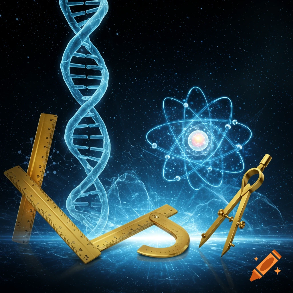 A glowing blue DNA helix and atom with gold rulers and a compass against a dark, starry scientific background.