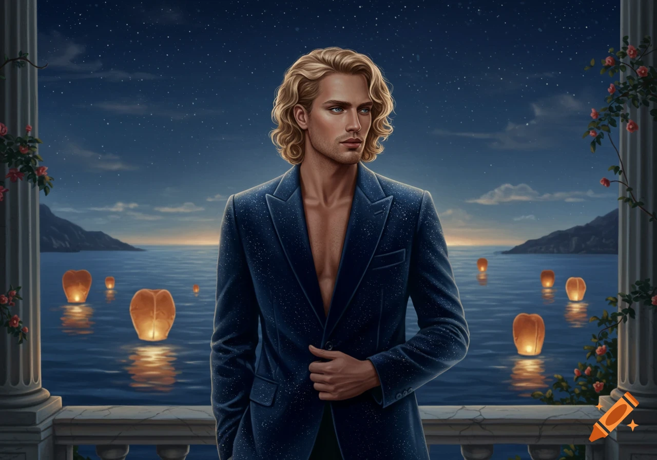 A blonde-haired man in an open dark suit stands on a balcony overlooking a moonlit sea with floating lanterns, digital art.