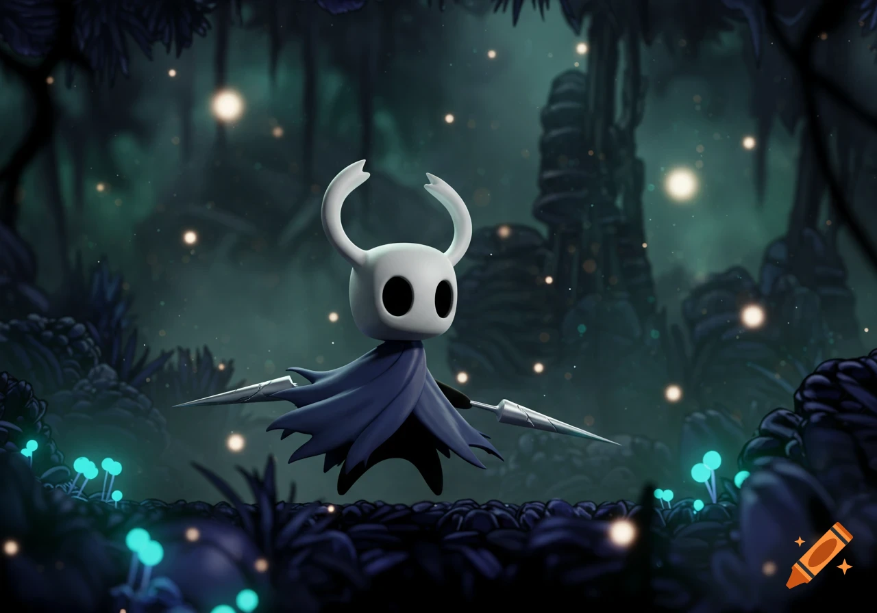 A white bug-like knight with a dark blue cloak and a nail sword stands in a glowing, dark fantasy forest.