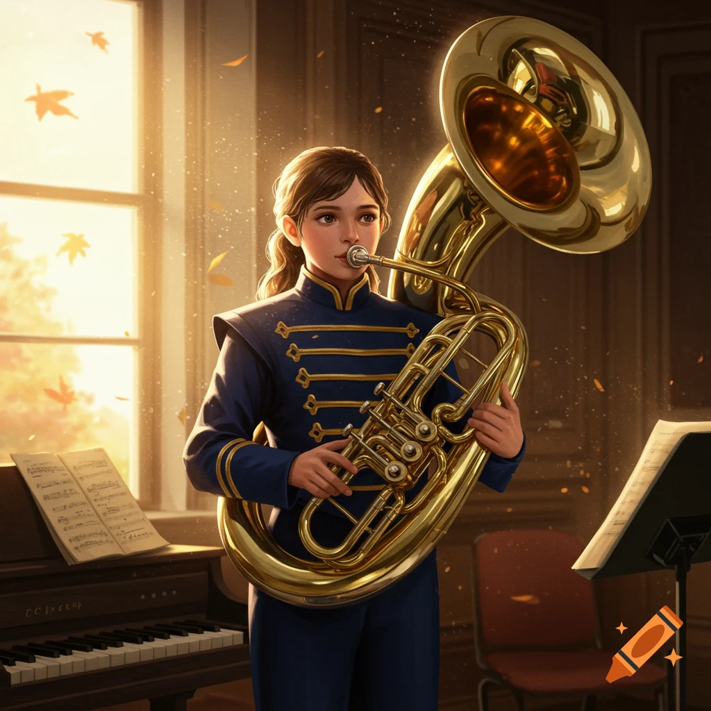 A young girl in a blue uniform plays a golden tuba in a sunlit room with autumn leaves outside the window, digital art.
