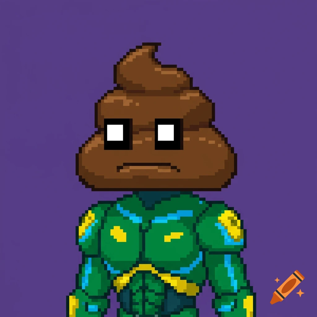 A pixel art character with a brown poop-shaped head and square eyes, wearing a green, yellow, and blue futuristic suit, against a solid purple background.