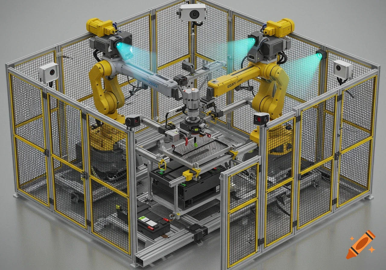 Photorealistic rendering of an industrial robotic cell with two yellow robots inside a wire-mesh safety cage, disassembling electric vehicle batteries.