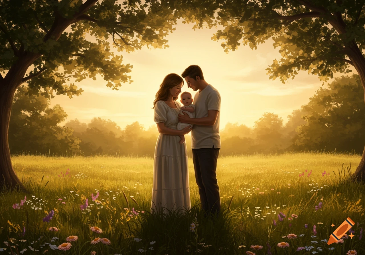 Illustrative depiction of a couple embracing their baby in a golden sunset field under large trees.