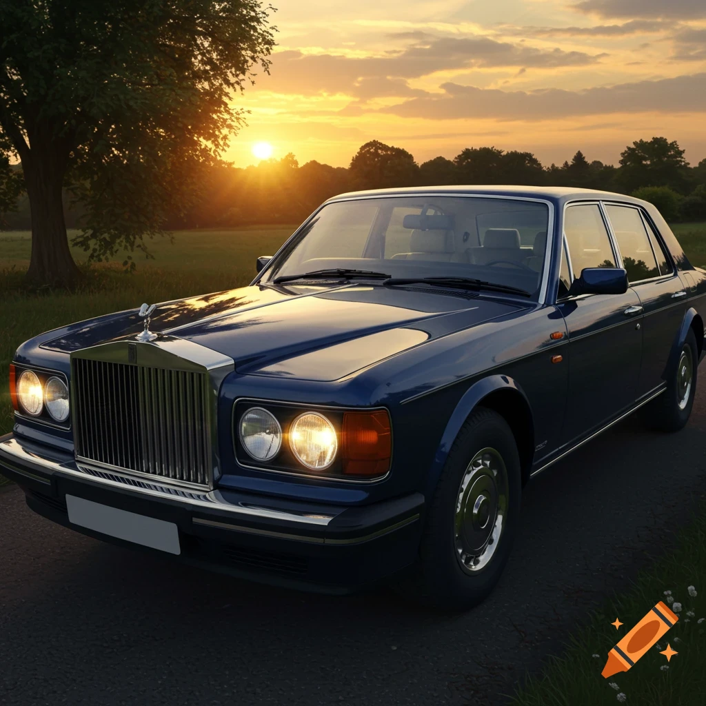 Blue classic Rolls Royce car parked on a road at sunset with a large tree in the background, photorealistic style.