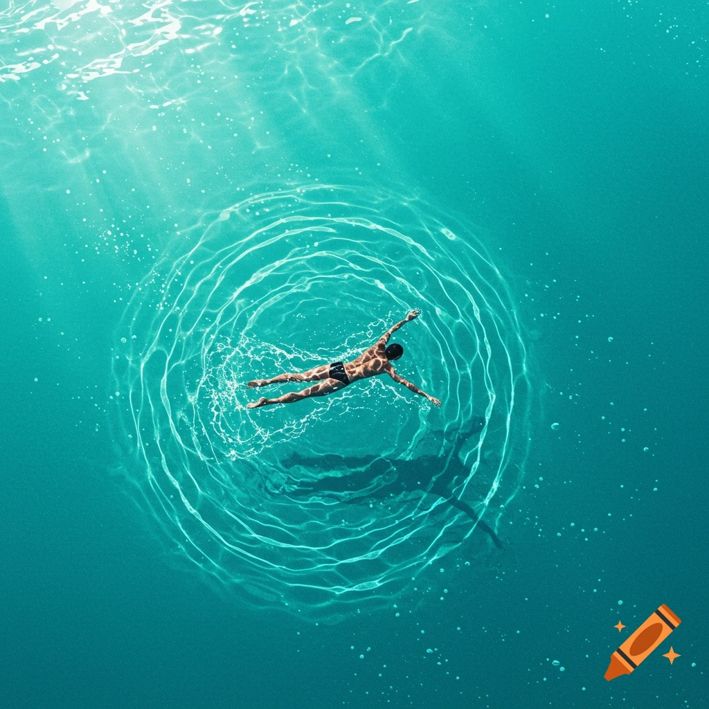 Aerial view of a person swimming in clear turquoise water, creating ripples.