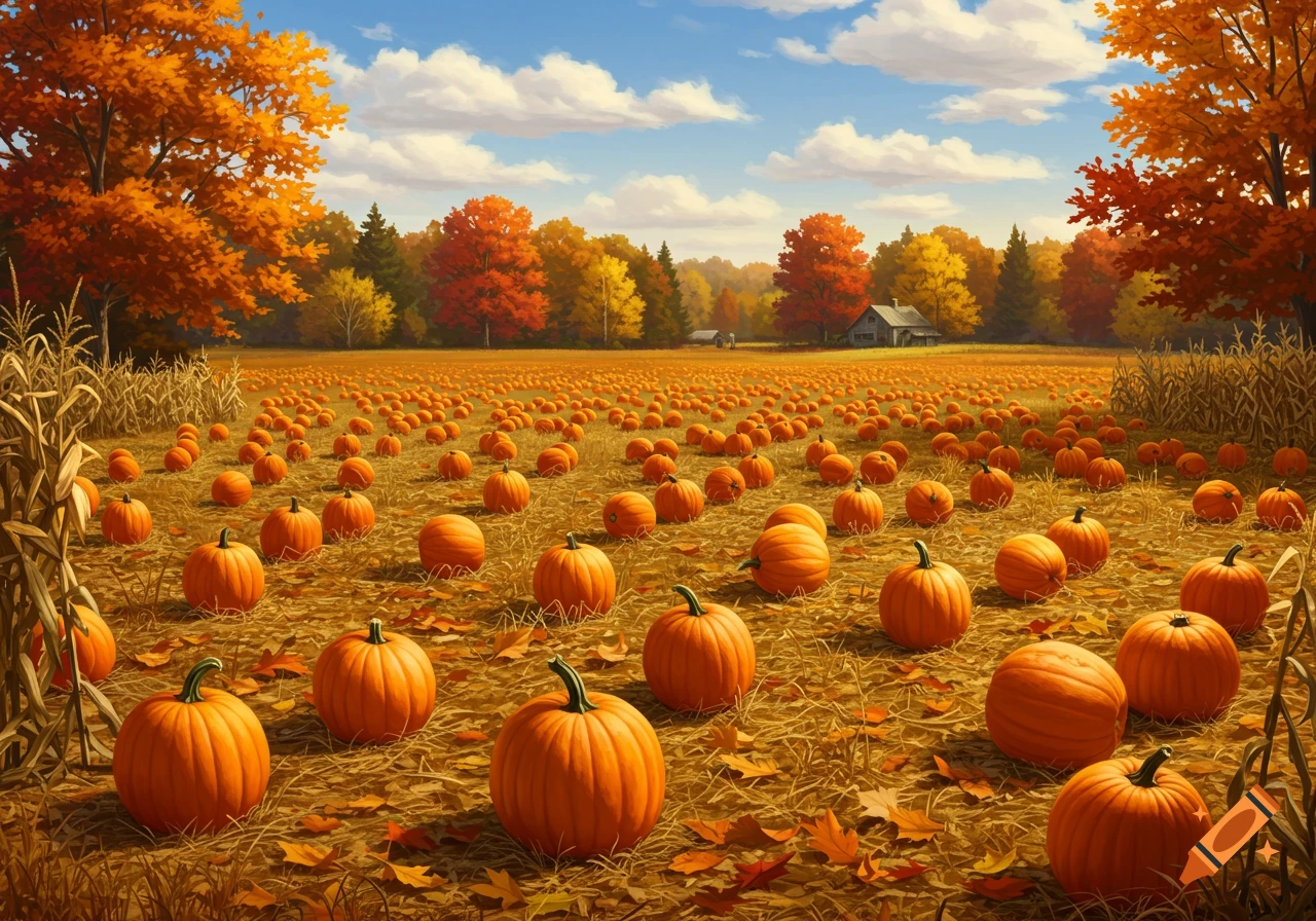 A vast pumpkin field in autumn, with numerous orange pumpkins scattered across golden ground and fallen leaves. Colorful autumn trees line the horizon under a blue sky.