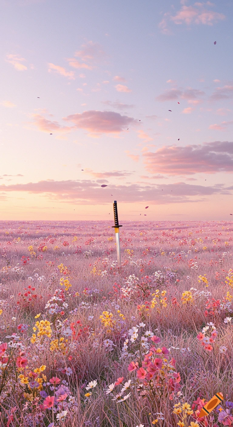 A samurai sword stands upright in a vast field of colorful wildflowers under a pastel sunset sky with scattered petals.
