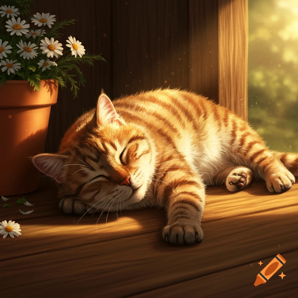 A ginger tabby cat sleeps soundly on a wooden porch in warm sunlight next to a pot of white daisies. Digital art.