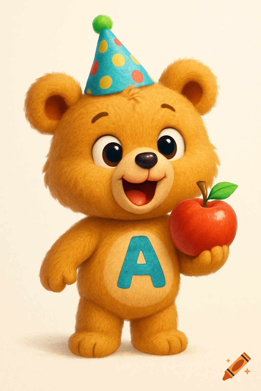 A cute 3D cartoon baby bear wearing a birthday hat, holding a red apple, with a blue letter A on its belly.
