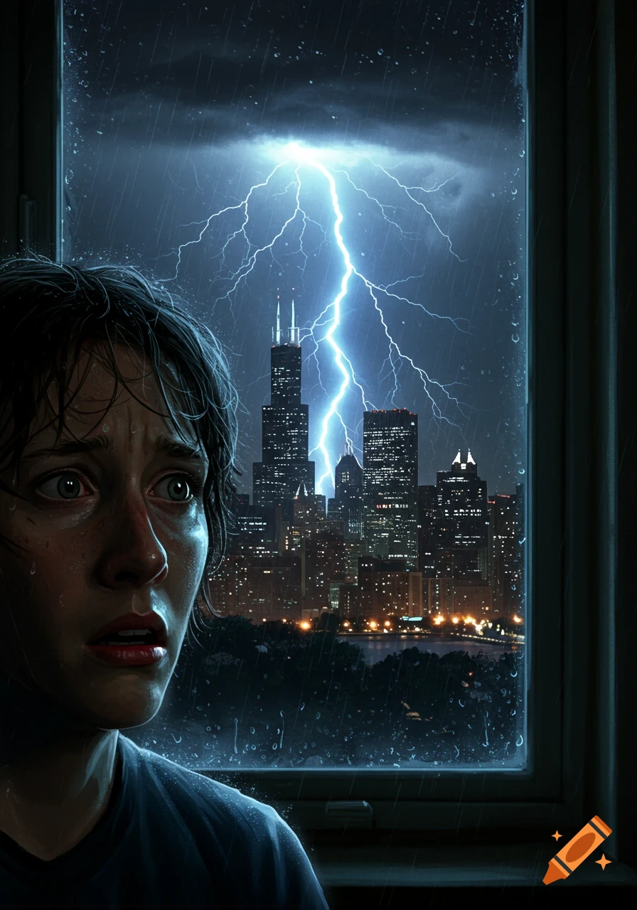 A scared person looks out a window at a stormy Chicago skyline with lightning striking at night, digital painting style.