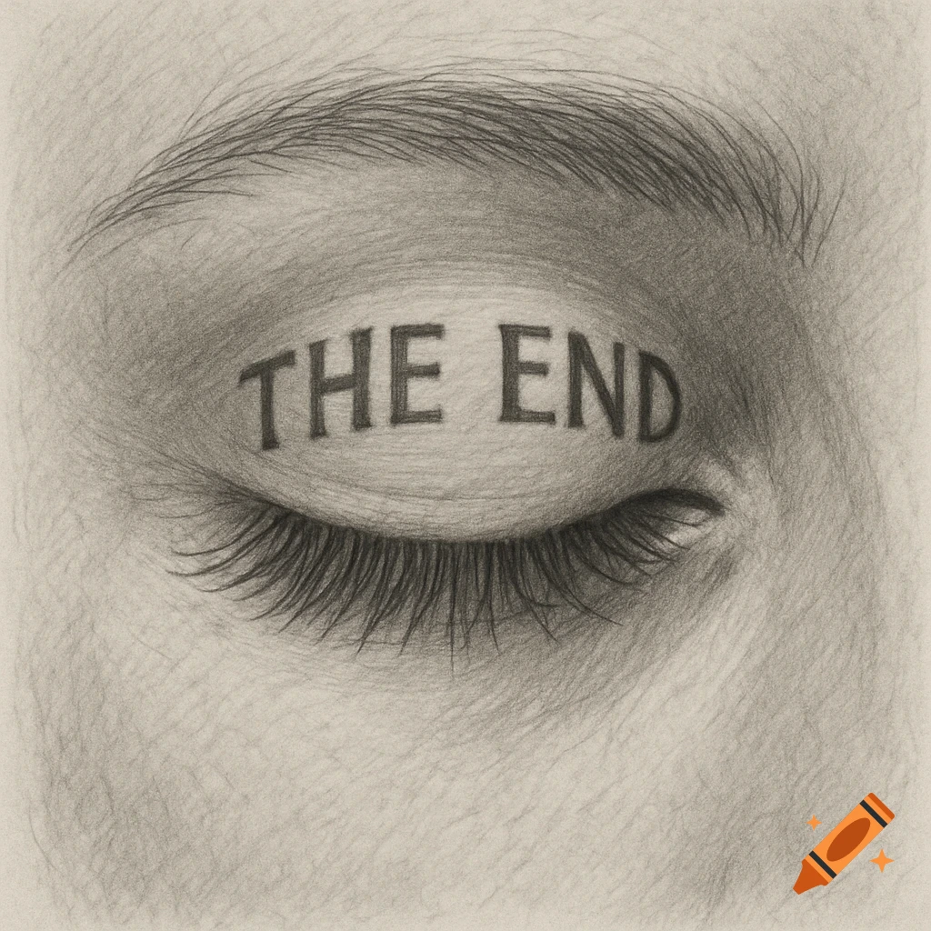 A realistic pencil sketch of a closed eye with 'THE END' written on the eyelid.