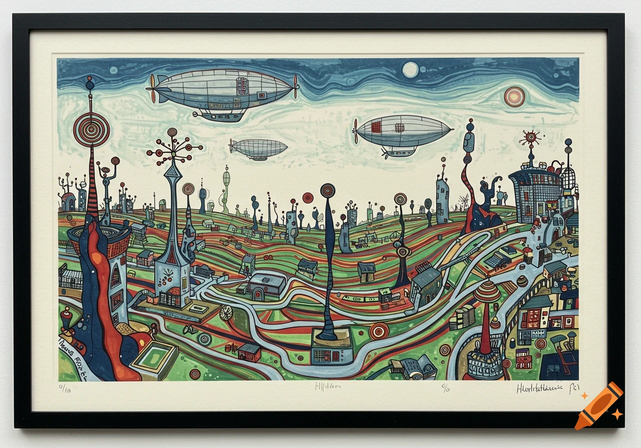 Vibrant Hundertwasser-style monoprint of a fantastical city on rolling hills with whimsical buildings, roads, and airships.