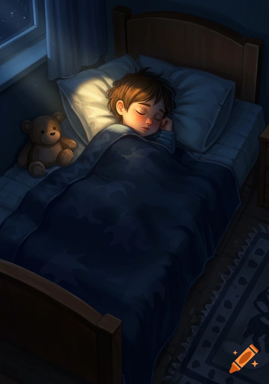 An illustration of a young child sleeping peacefully in bed with a teddy bear, illuminated by soft moonlight from a window at night.