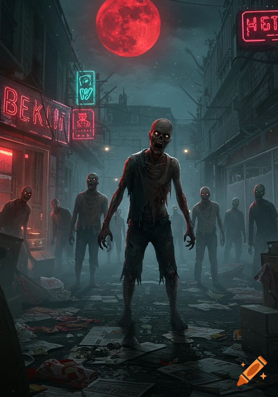A horde of zombies with glowing eyes shuffles down a dark, grimy city street under a large red moon, surrounded by neon signs.