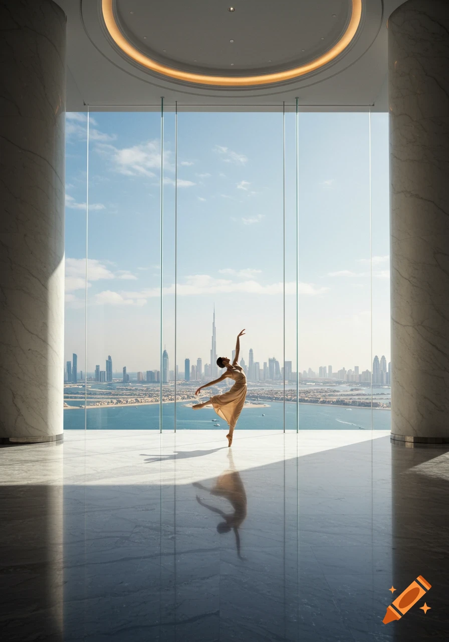 A dancer in a flowing gown performs a ballet pose in a grand hall, overlooking the Dubai skyline through large windows, with her reflection on the polished floor.