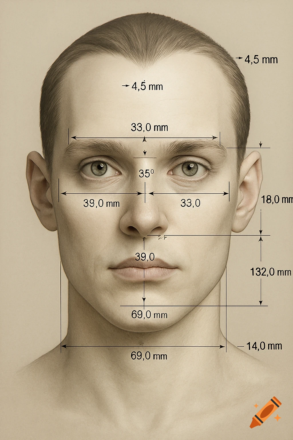 A photorealistic diagram of a human face with various anatomical measurements labeled with lines and numbers.