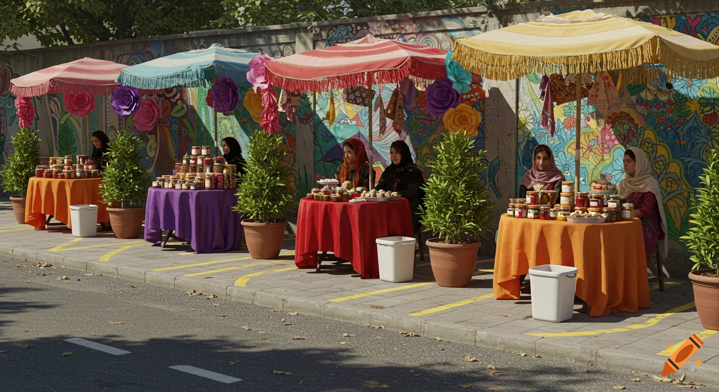 Photorealistic image of an Iranian street market with women vendors selling goods under colorful sunshades beside a mural wall.