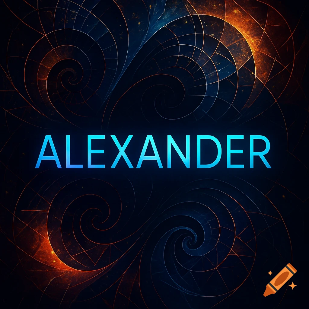 Blue glowing name ALEXANDER on a dark background with intricate orange and blue spiral patterns.