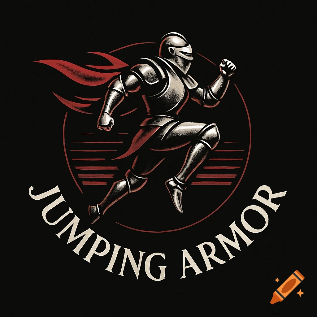 A logo featuring a running knight in full armor and a red cape within a red circular emblem, with 'JUMPING ARMOR' text below on a black background.