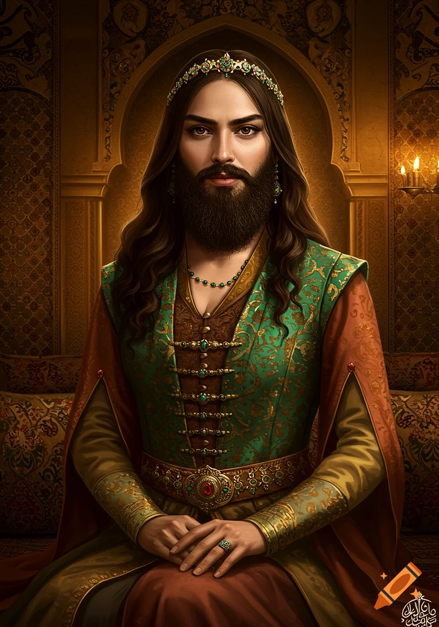A regal person with a beard and jeweled tiara wears an ornate green and gold tunic over a rust-colored robe, seated in a richly decorated room.