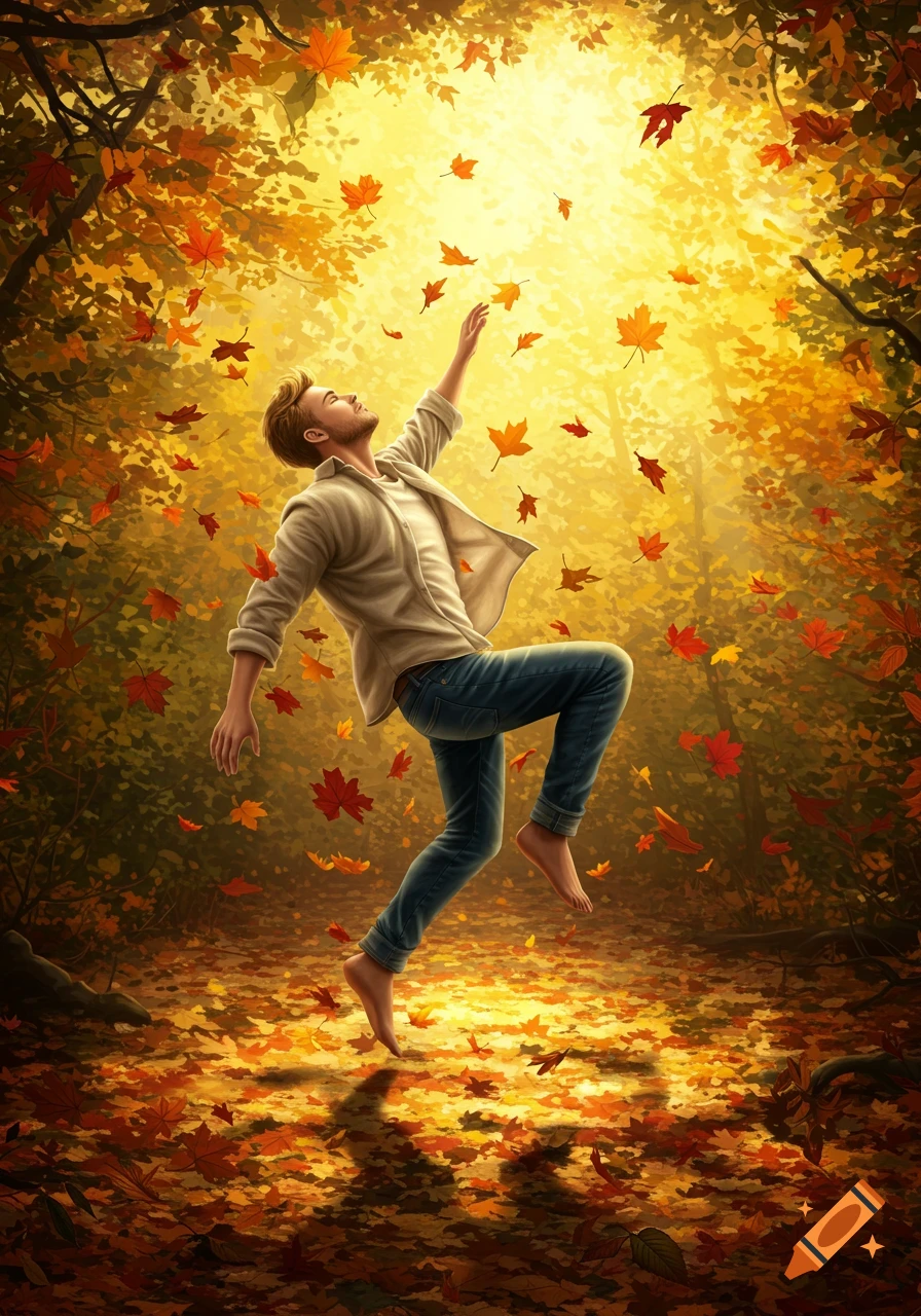 A man dances barefoot among falling autumn leaves in a glowing forest.