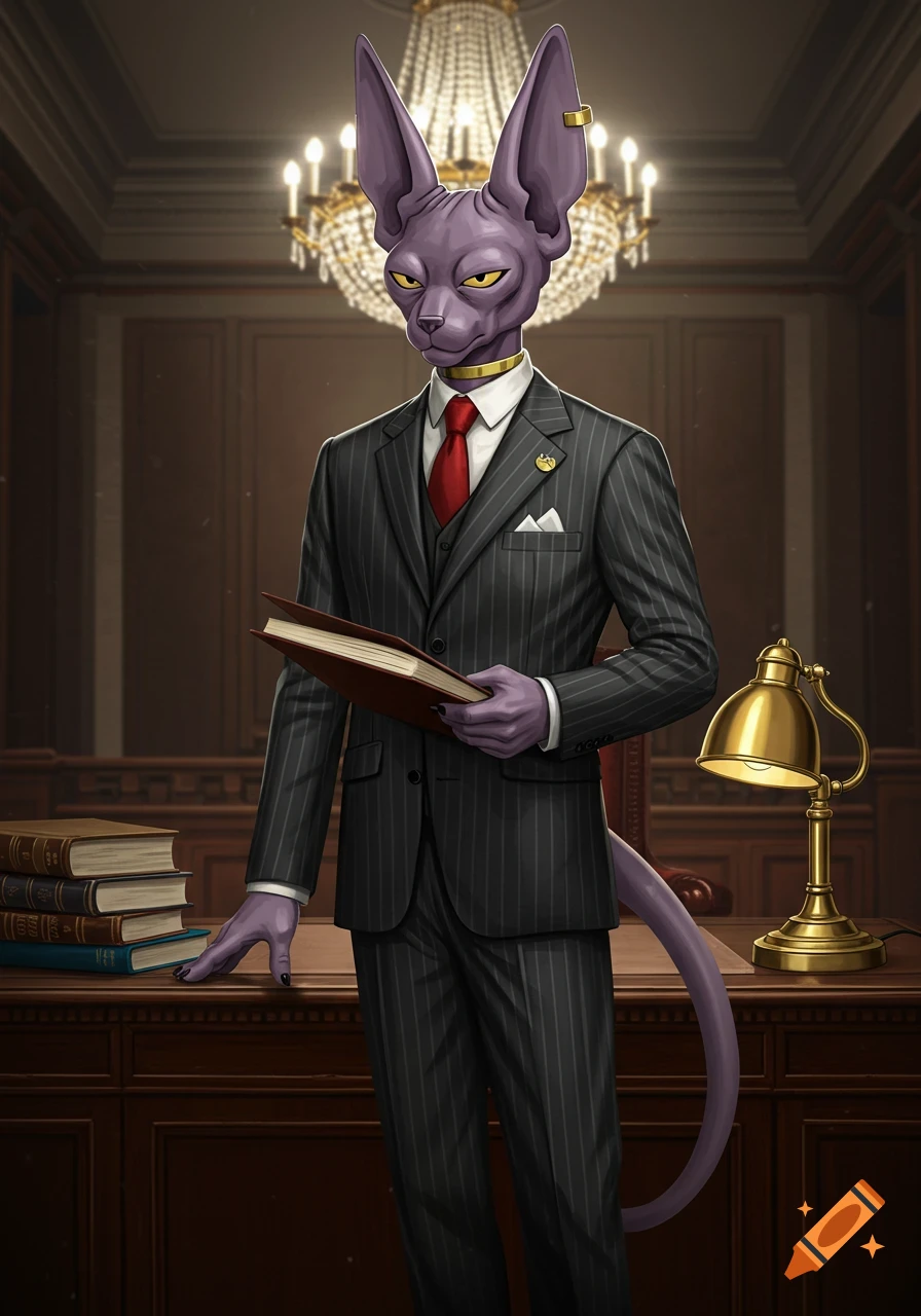 Beerus, a purple cat-like deity from Dragon Ball, dressed in a pinstripe lawyer's suit, holding a book in a formal office.