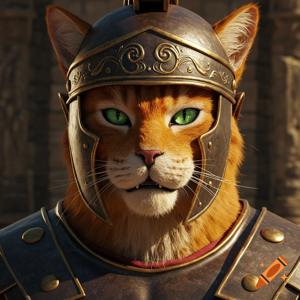 Close-up of an orange cat in detailed Roman armor with bright green eyes, photorealistic style.