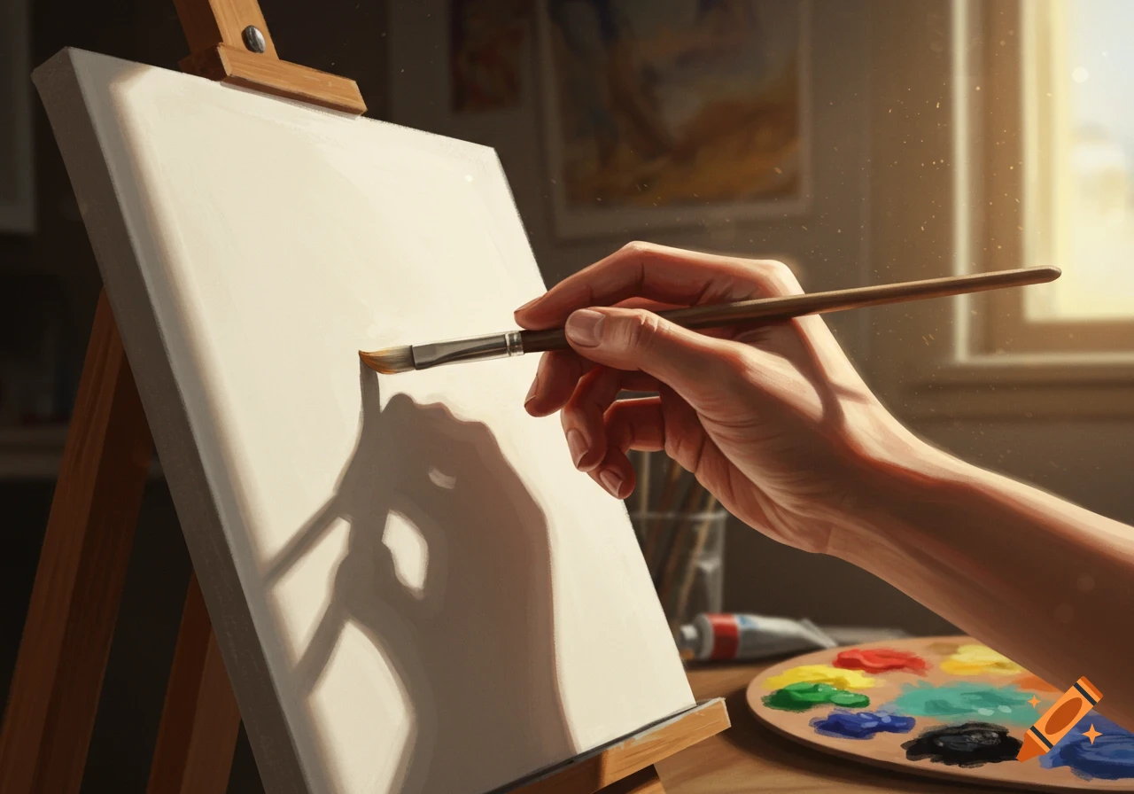 A hand holds a paintbrush to a blank canvas on an easel, with a colorful paint palette on a sunlit table.