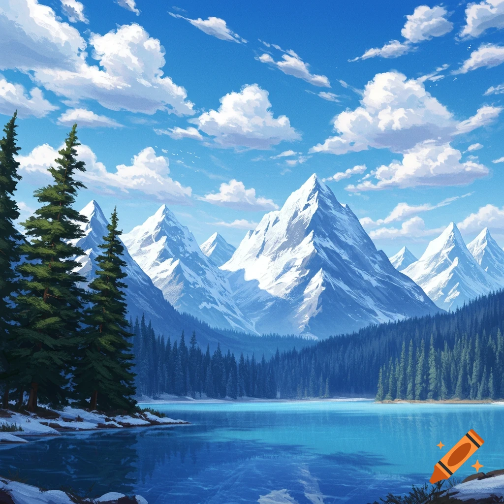 An anime-style landscape of snow-capped mountains, a blue lake reflecting the sky, and dense pine forests under a clear sky with fluffy clouds.
