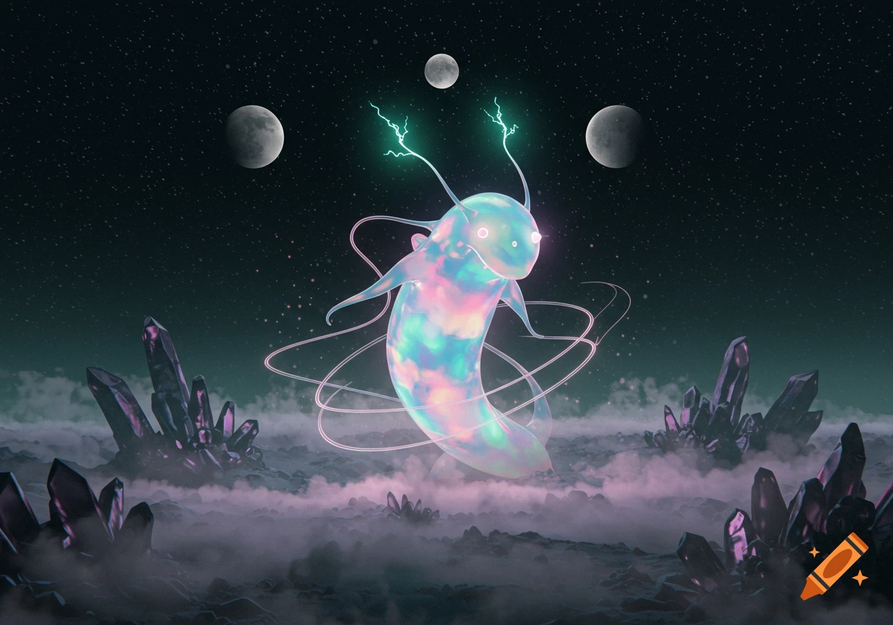 An iridescent, glowing slug-like creature hovers in a starry sky above purple crystals, pink mist, and multiple moons.