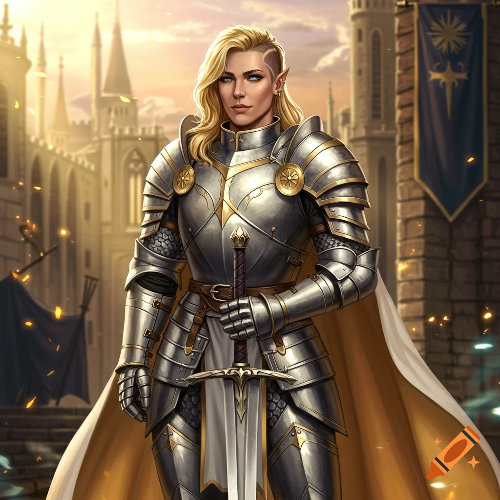 A blonde paladin with blue eyes, wearing silver and gold armor, holds a large sword in front of a castle.