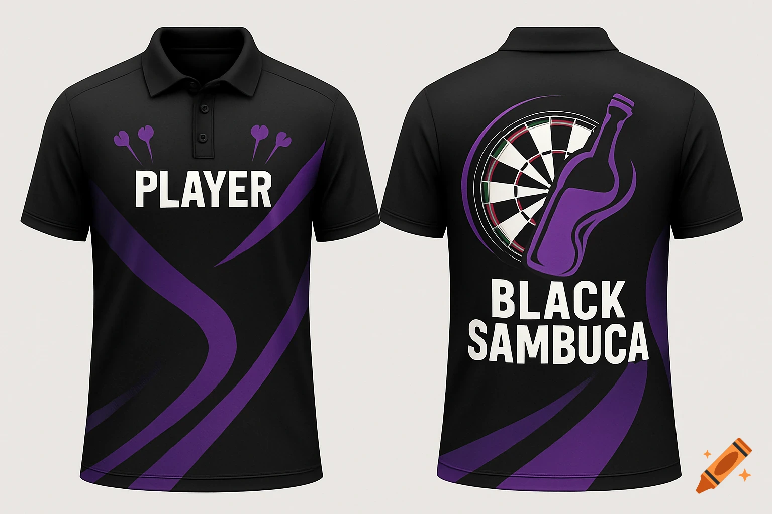 Front and back view of a black and purple darts polo shirt. Front: 'PLAYER' with darts. Back: 'BLACK SAMBUCA' with dartboard and purple bottle graphic.