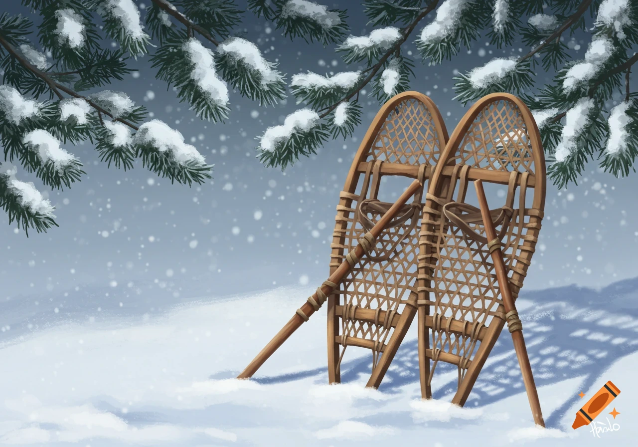Two wooden snowshoes lean in deep snow under pine branches with falling snowflakes in an illustration.