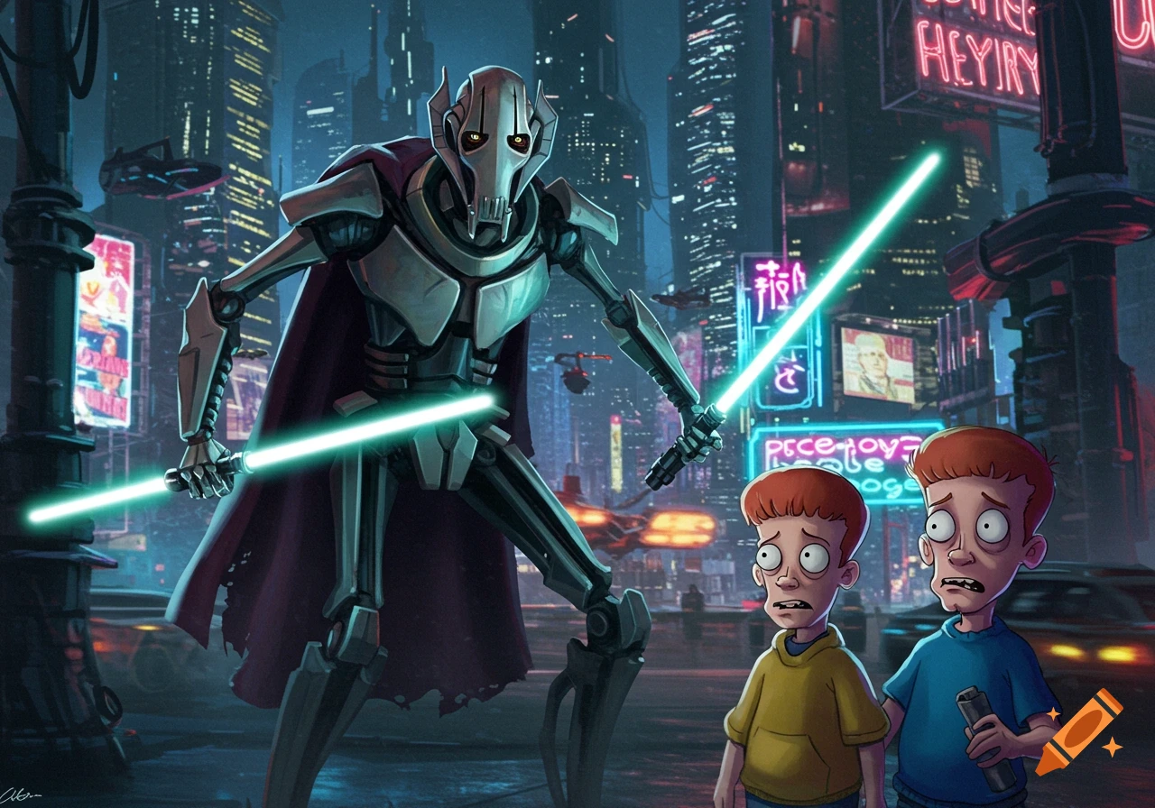 General Grievous with two lightsabers looms over two terrified animated boys in a futuristic cyberpunk city at night.