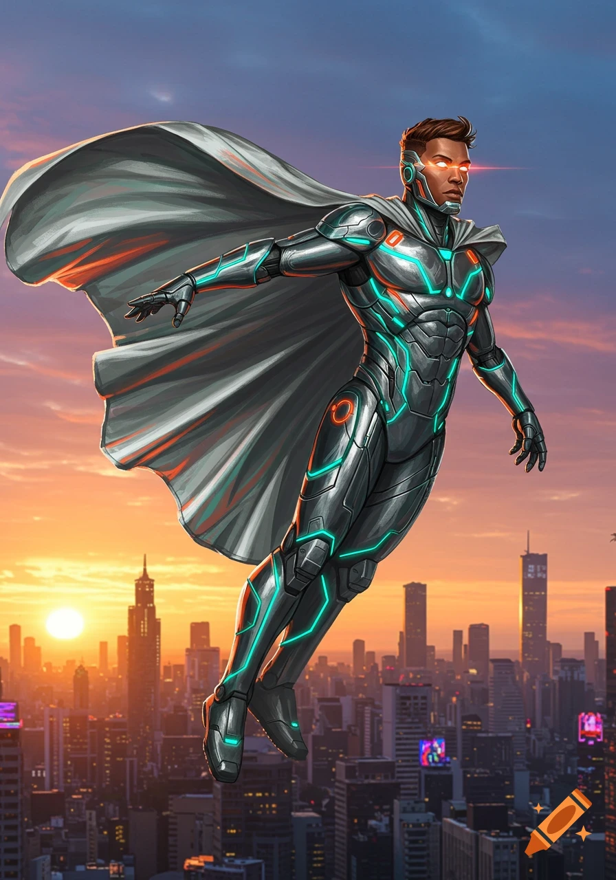 A male superhero in a sleek, glowing silver and teal armored suit with a flowing grey cape, flying over a futuristic city skyline at sunset. His eyes glow orange.
