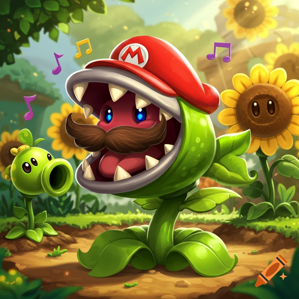 A cartoon Piranha Plant wearing a Mario hat and mustache, with a Peashooter and sunflowers in a vibrant garden.