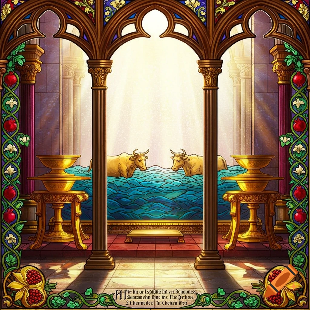 Stained glass art depicts two golden oxen in a blue basin under ornate arched temple architecture with decorative columns.