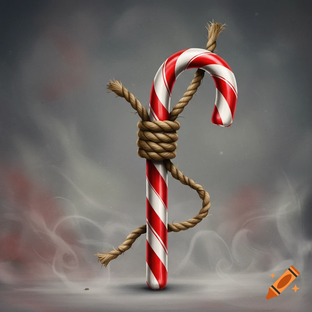A red and white striped candy cane tied tightly with a brown rope, resembling a gallows noose, against a smoky grey background.