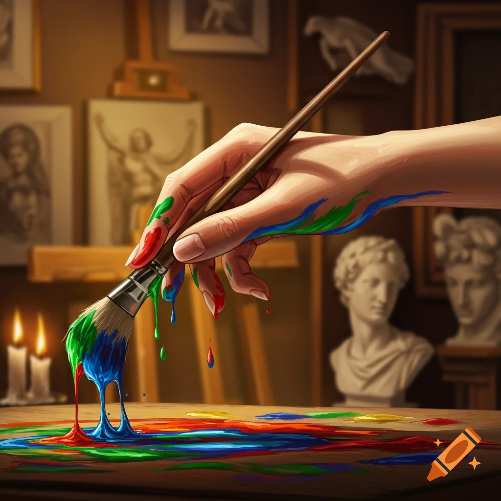 A hand holding a paintbrush, dripping vibrant colorful paint onto a wooden surface in an artist's studio.