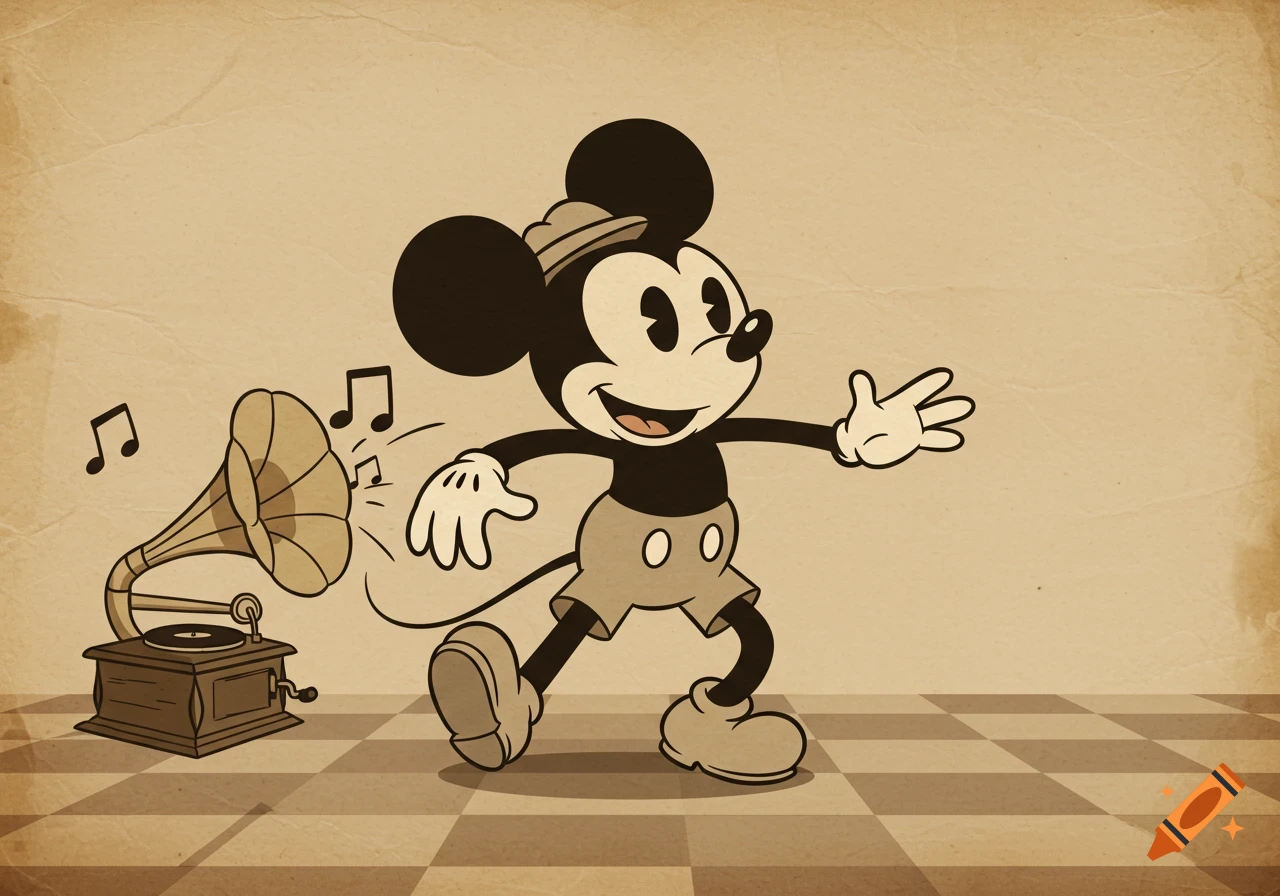 A vintage cartoon character resembling Mickey Mouse dances cheerfully next to a gramophone, with musical notes floating in the air.