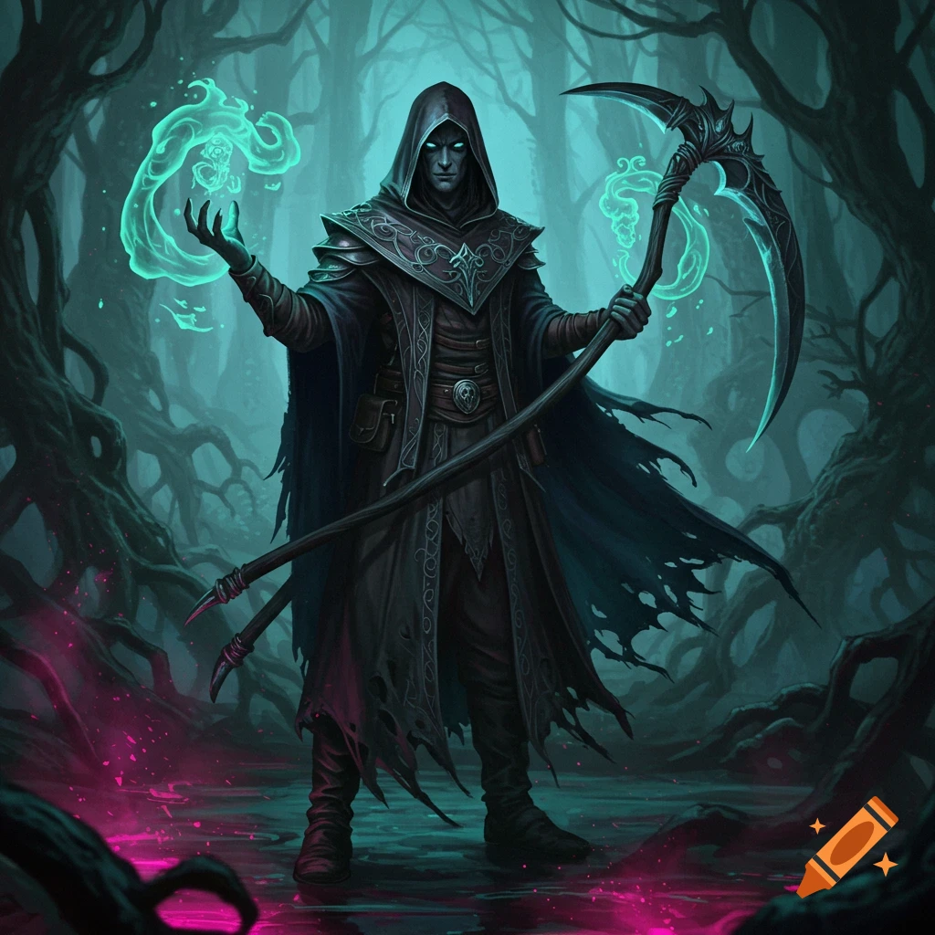 A hooded male warlock with glowing eyes holds a scythe and casts teal magic in a dark, gnarled forest with pink glowing water.