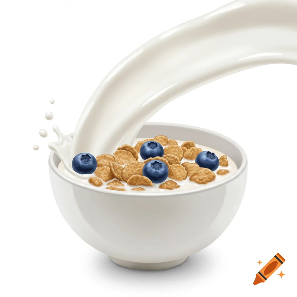 Photorealistic image of milk pouring into a white bowl of corn flakes and blueberries.