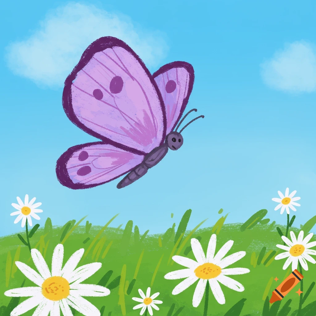 A vibrant purple cartoon butterfly with dark spots flies over a green field dotted with white daisies, under a blue sky.