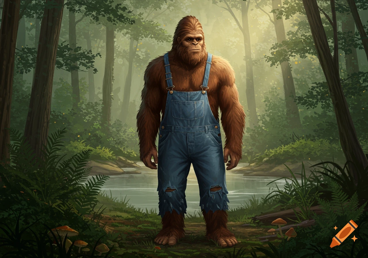 An illustration of Bigfoot in blue overalls standing in a lush, misty forest next to a stream.