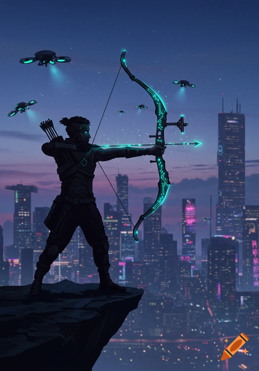 A silhouetted archer with a glowing teal sci-fi bow stands on a cliff overlooking a futuristic city at night with flying drones.