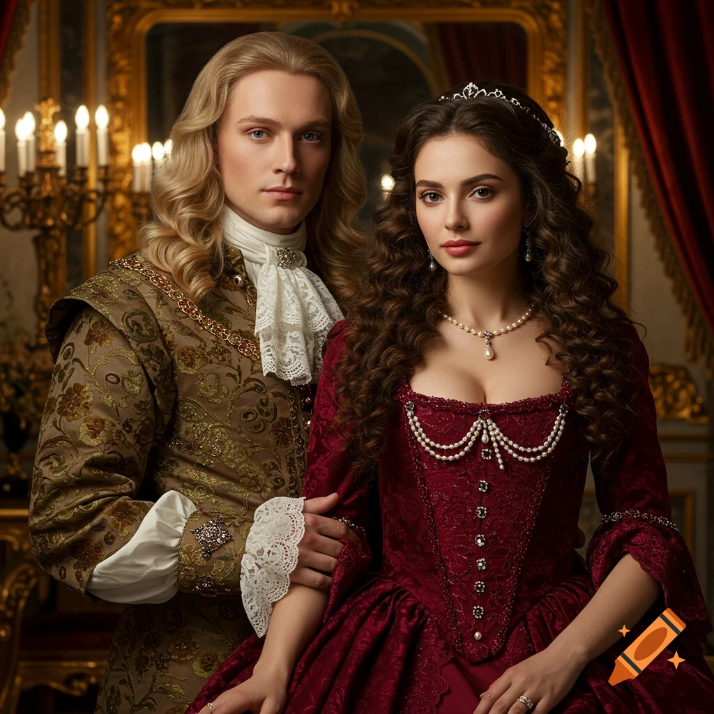 Photorealistic portrait of a man in baroque attire and a woman in a red gown with pearls, standing in an opulent room.