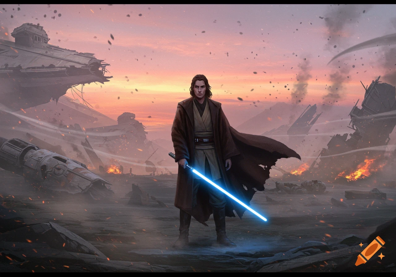 A Jedi in a brown robe holds a blue lightsaber, standing in a war-torn landscape with destroyed spaceships and fires at sunset.