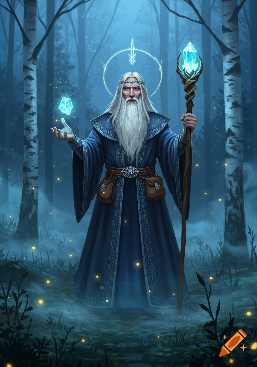A wise old wizard with a long white beard, wearing a blue robe and holding a glowing crystal and a staff, stands in a mystical blue forest.