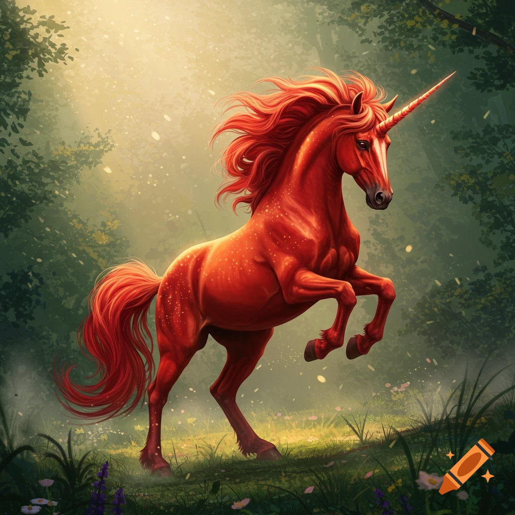 A vibrant red unicorn with a flowing mane rears up in a sun-dappled, misty forest.
