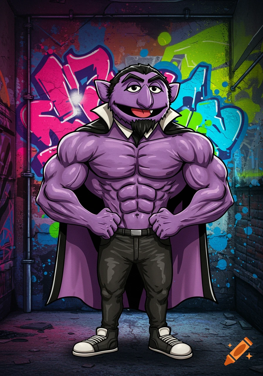 A muscular, purple Count von Count poses in front of a vibrant graffiti-covered wall, cartoon style.